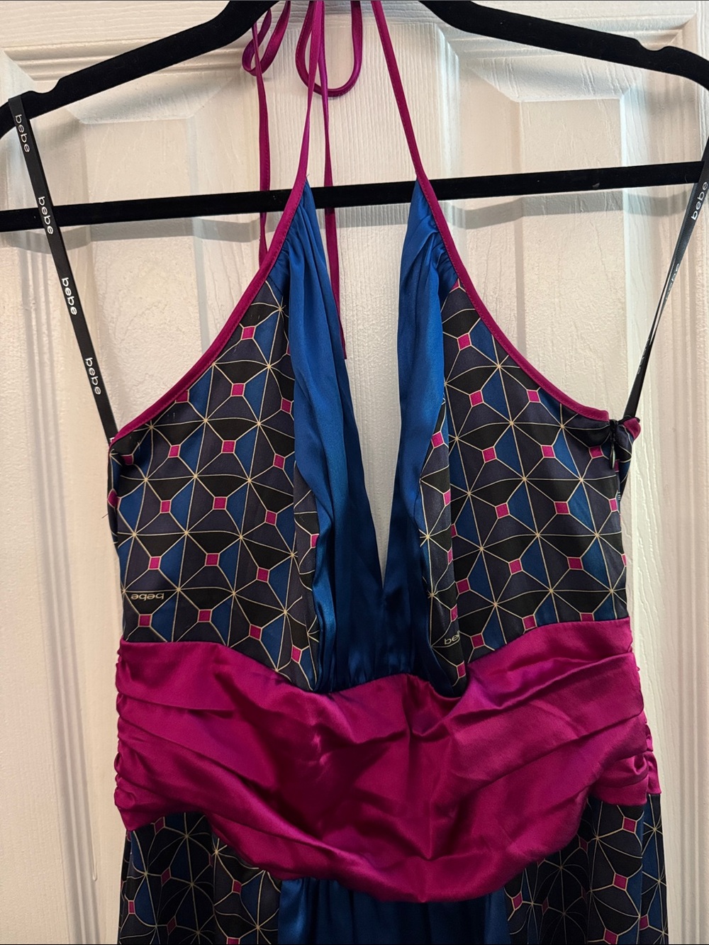 BEBE Y2k Silk Blend Satin Halter Dress Geometric Print Size Medium - Picture 2 of 7